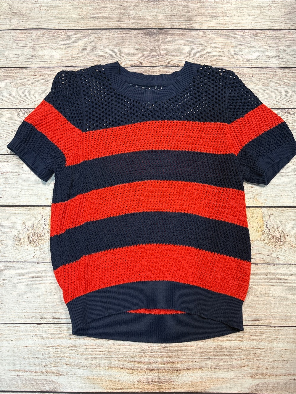 Maeve Short Sleeve Knit Top - Navy & Red Stripes